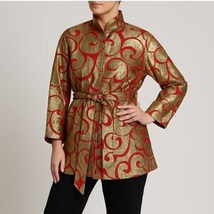 VTG 70's Fernando Sanchez Short Robe Evening Blazer Gold Metallic Red Ribbed Tie